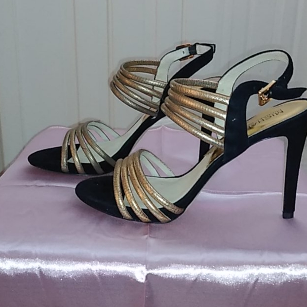 Black Suede and Gold Michael Kors Cameron Sandals
